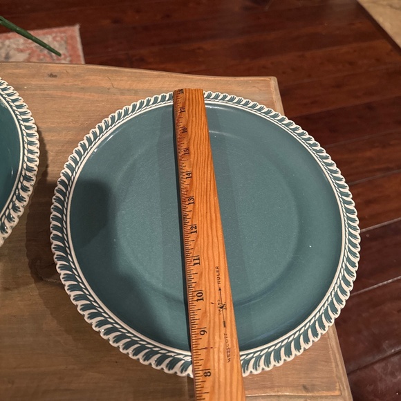 Harkerware Corinthian Dinner Plate 10.25” & 9” Bowl.Teal White Detail Rim - Picture 4 of 5